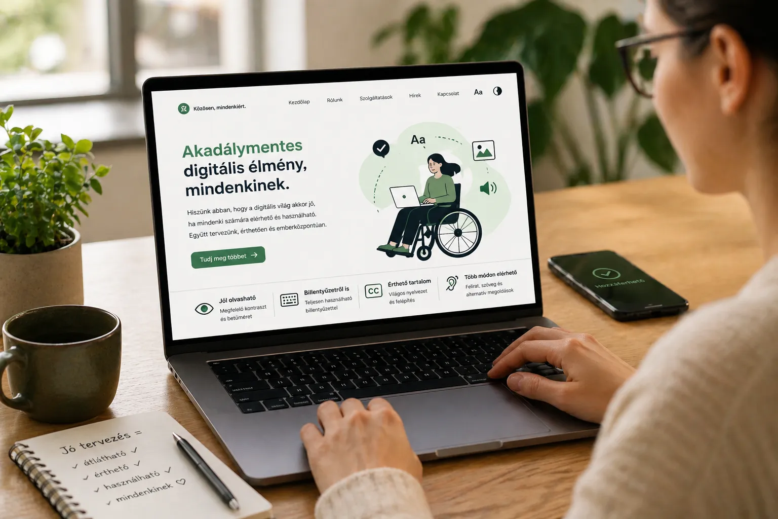 Illusztráció a digitális akadálymentességről: egy laptop, mobiltelefon, feliratok és hozzáférhetőségi elemek.